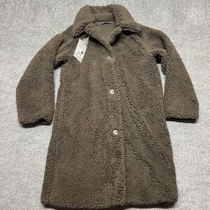 BYLT Coat Womens Small Dark Brown Journey Hi-Pile Fleece Overcoat Button Lined